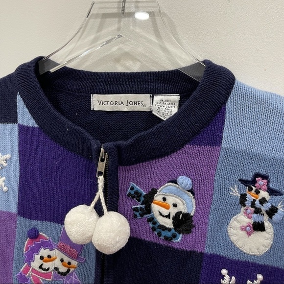 Victoria Jones Patchwork Full Zip Holiday Ugly Christmas Sweater XL Sequin Blue - Picture 3 of 7